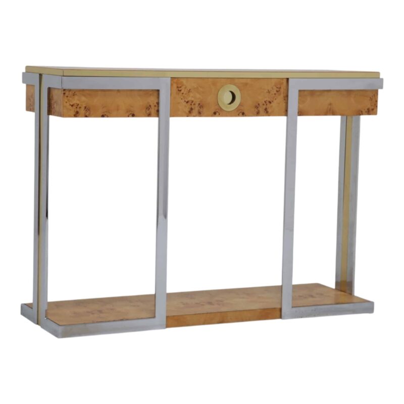 Mario Sabot Console Table Burlwood, Chrome and Brass